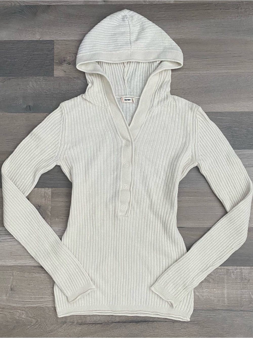 VintageY2K Hooded V Neck Top Size S White Ribbed Fitted Snap Front Angora Blend